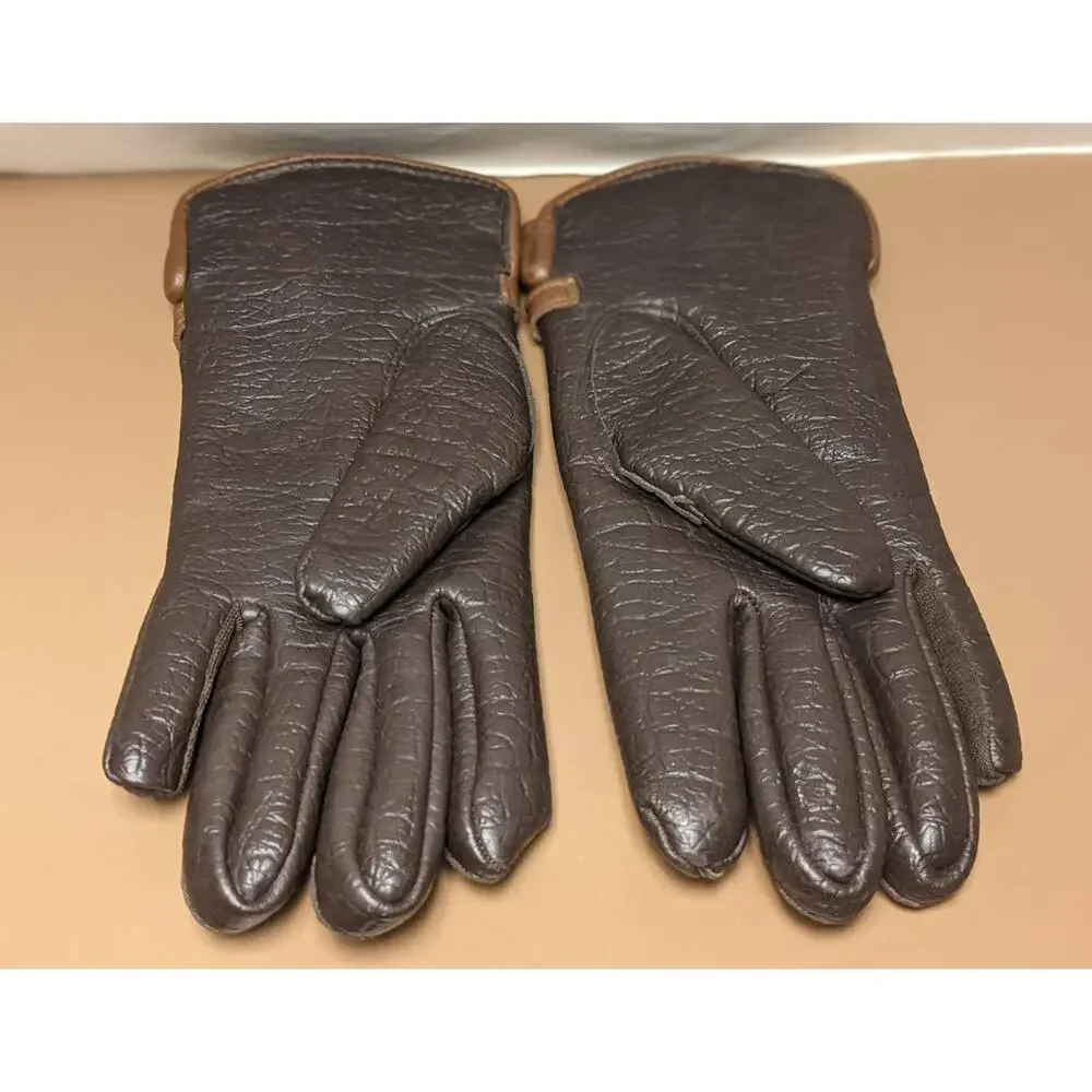 English Village Faux Leather VINTAGE Gloves Faux Fur Lined Size B Metal Accents
